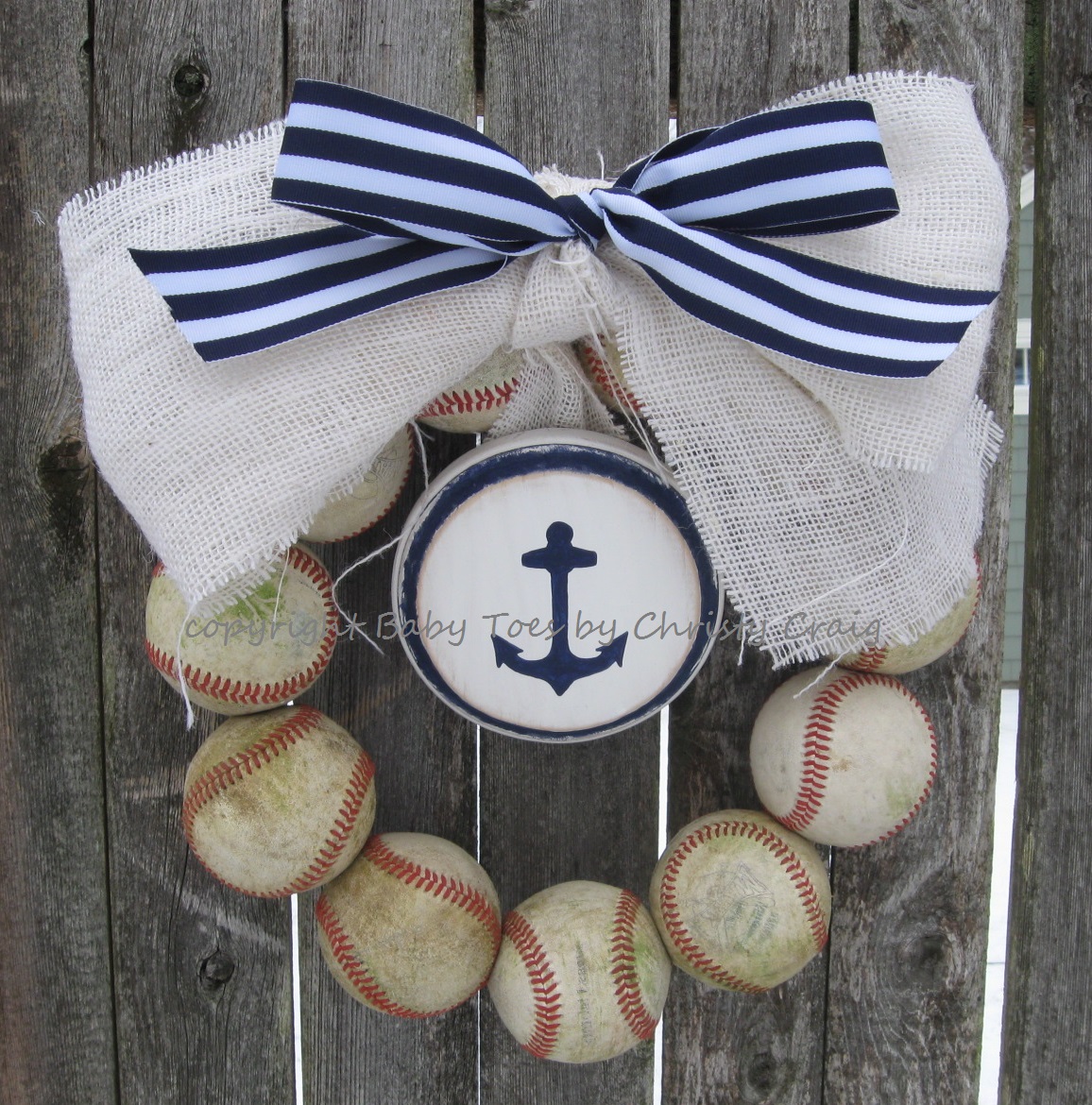 The Original Navy Seafarer Burlap Baseball Wreath With Distressed Plaque